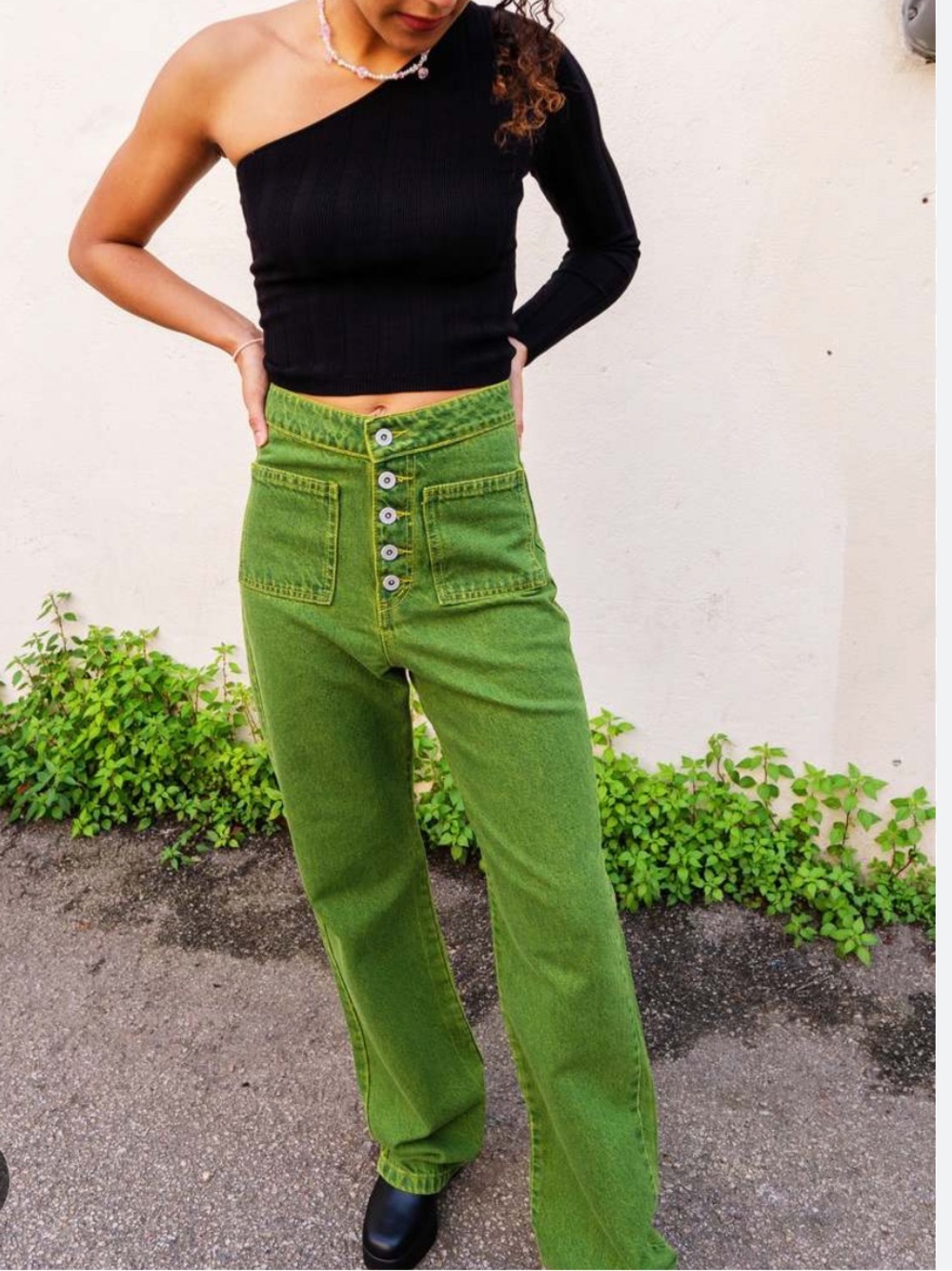 Mandinga cut-offs High-Waist Button-Fly Wide Leg Jeans in Green